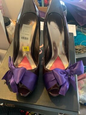Paris Hilton Purple Satin Bow Peep-Toe Heels